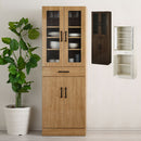 キッチン収納〔食器棚・ハイタイプ幅60cm〕 キッチンキャビネット ハイタイプ 可動棚 引き出し ガラス扉付き 食器棚 収納 木目調 ぼん家具